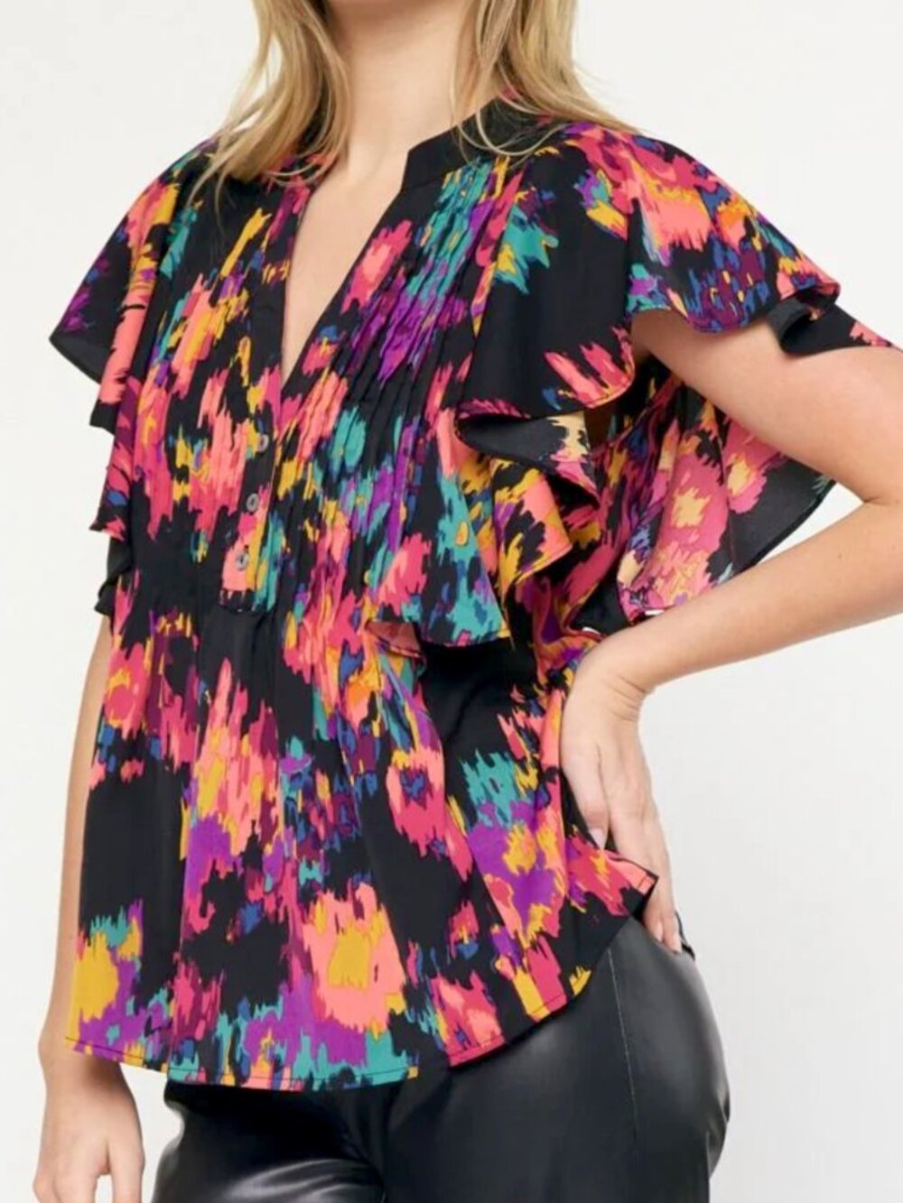 New Entro Pleated Front Ruffle Sleeve Abstract Print Lightweight Top XL/1X